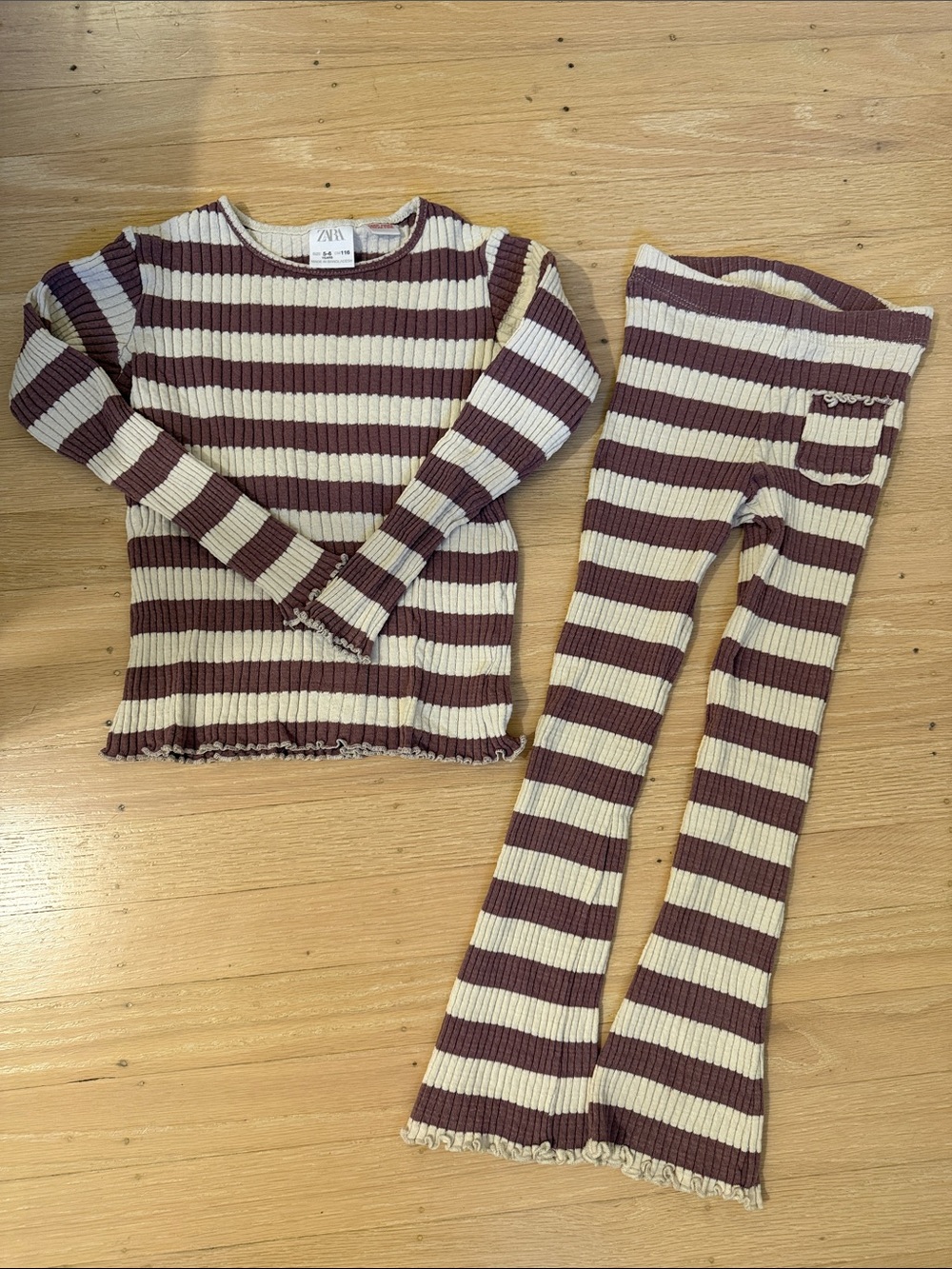Zara Striped Ribbed Knit Top & Flared Pants - Cream & Wine